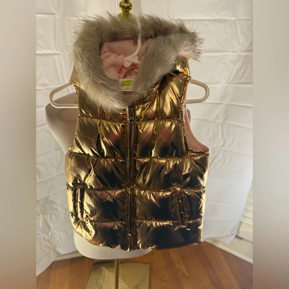 Crazy8 Gold Metallic Puffer Vest with Faux Fur Hood - Picture 1 of 5